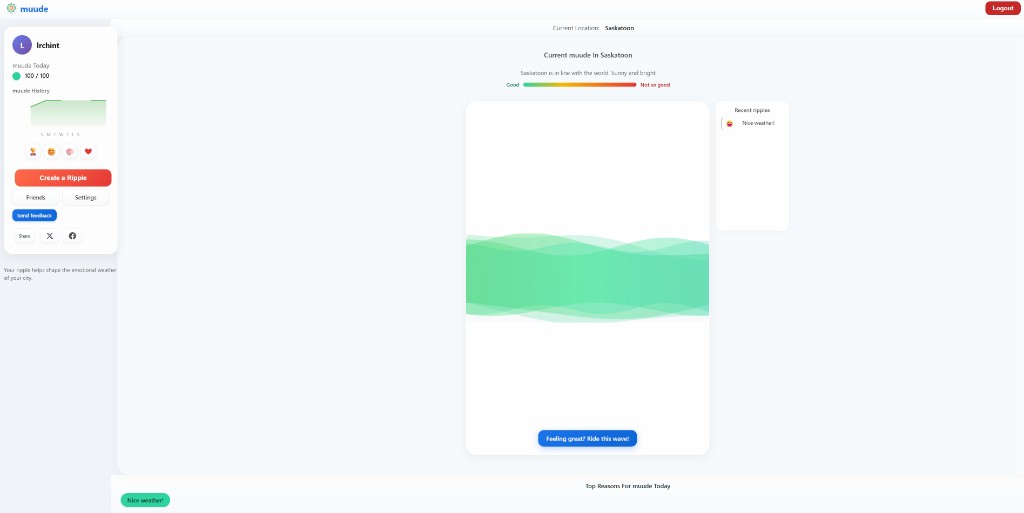Muude dashboard: submit a mood, see your city's emotional pulse, track your history